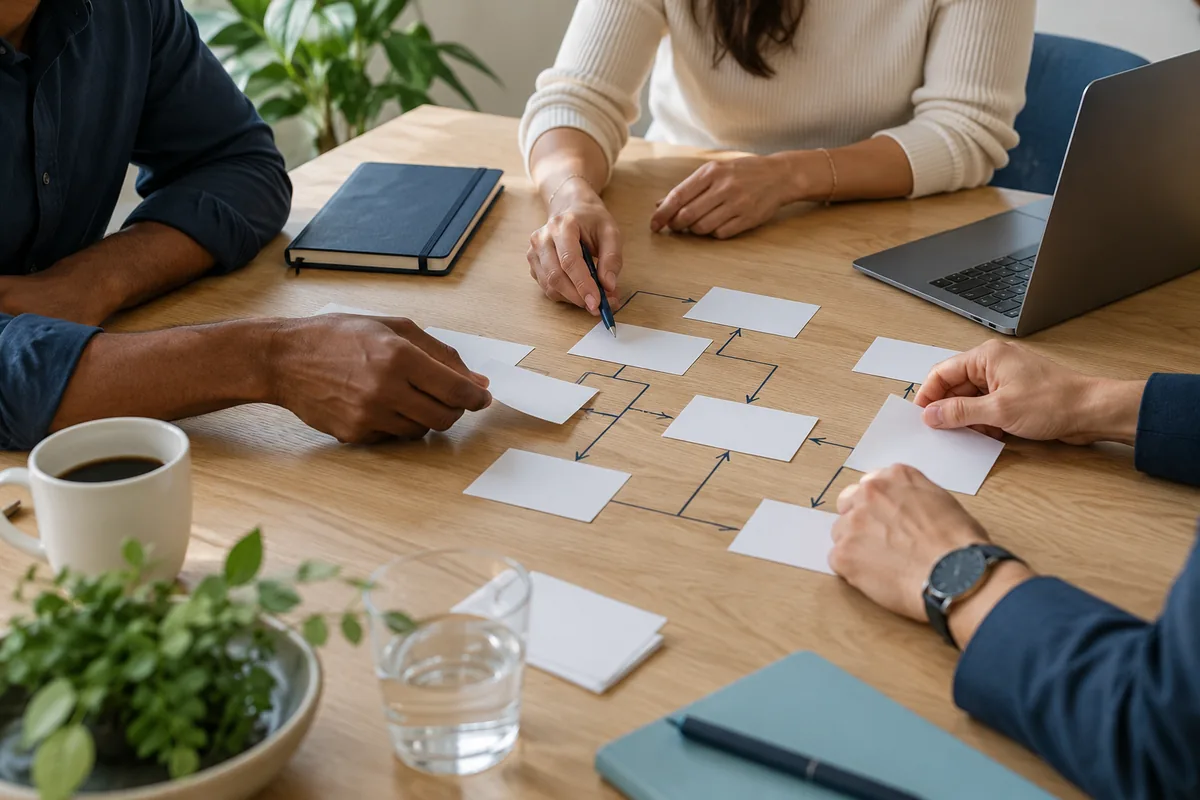 Illustrative scene of a team planning a connected business workflow.